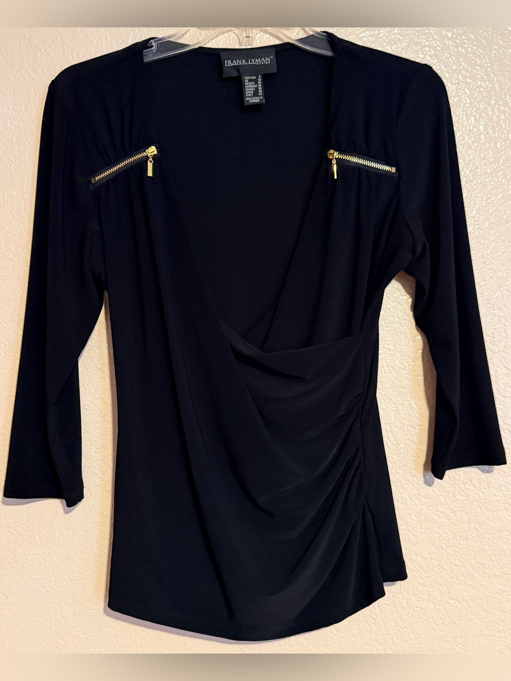 Frank Lyman Designs Women’s Size 8 Black Top with Zipper Accents